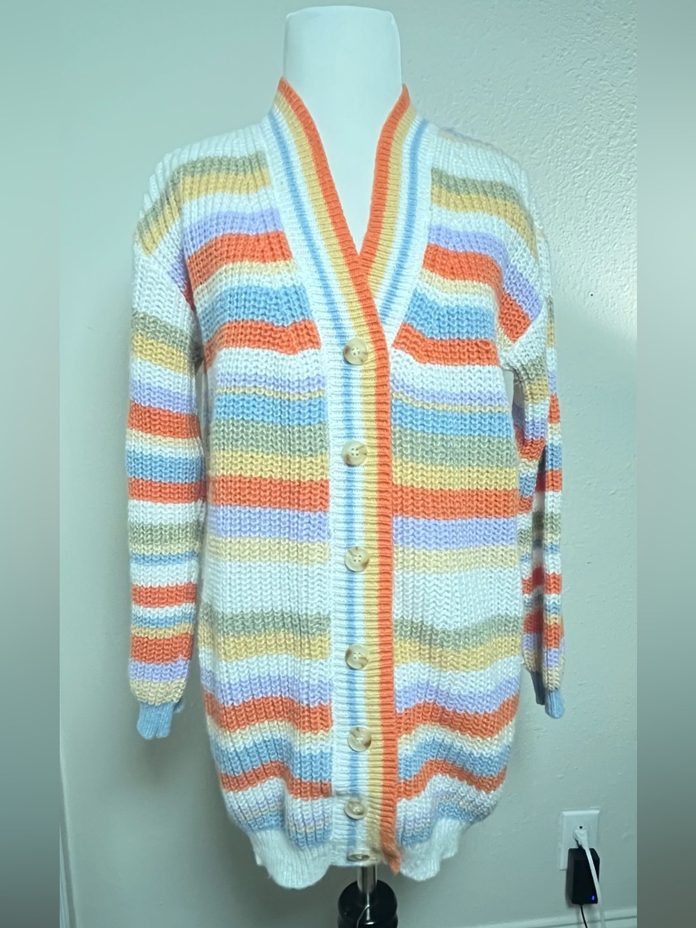 Striped V-Neck Button-Front Women's Sweater Cardigan - Pastel Multi